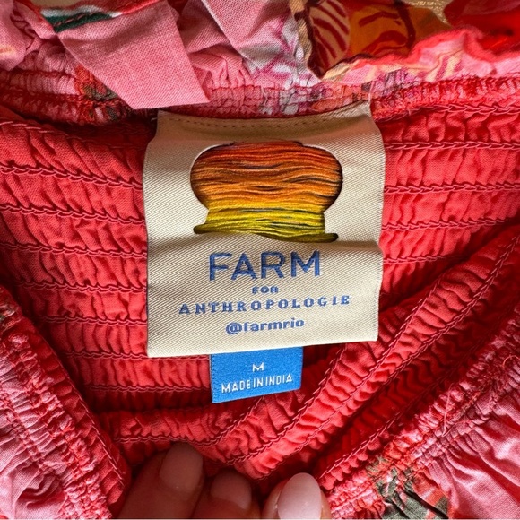 Farm Rio Anthropologie Smocked Ruffle Mini Dress Large Coral Long Sleeve Orange - Picture 11 of 12